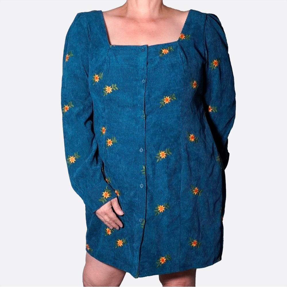 Embroidered Teal Corduroy Square Neck Mini Dress Whimsical Boho Chic Plus 1X‎ XL
